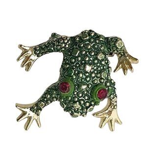 Gold-Tone Green Frog Brooch With Red Rhinestone Eyes